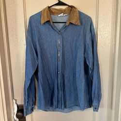 VTG Cascade Blues Women’s L Button Down Embroidered Leaves Autumn Fall Clothes Momcore 