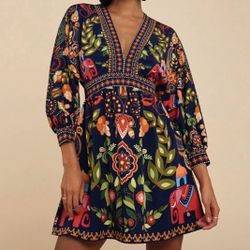 Travachic Vacation Floral Print V-Neck 3/4 Sleeve Mini Dress For Women
