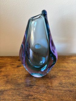 MCM Style Czech Sommerso Glass Teardrop Mini Vase - Aqua & Lavender Purple