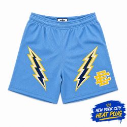 Light Blue Mesh Shorts with Lightning Bolt Graphics Size L & XL