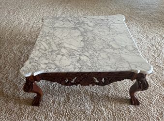 Marble Top Coffee Table with Carved Wood Base