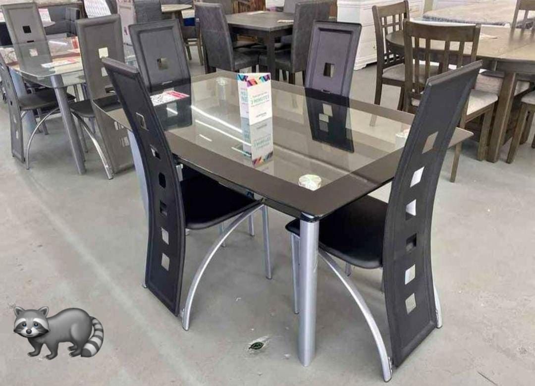 ACHO BLACK/GRAY GLASS-TOP DINING SETS TABLES AND 4 CHAİRS 