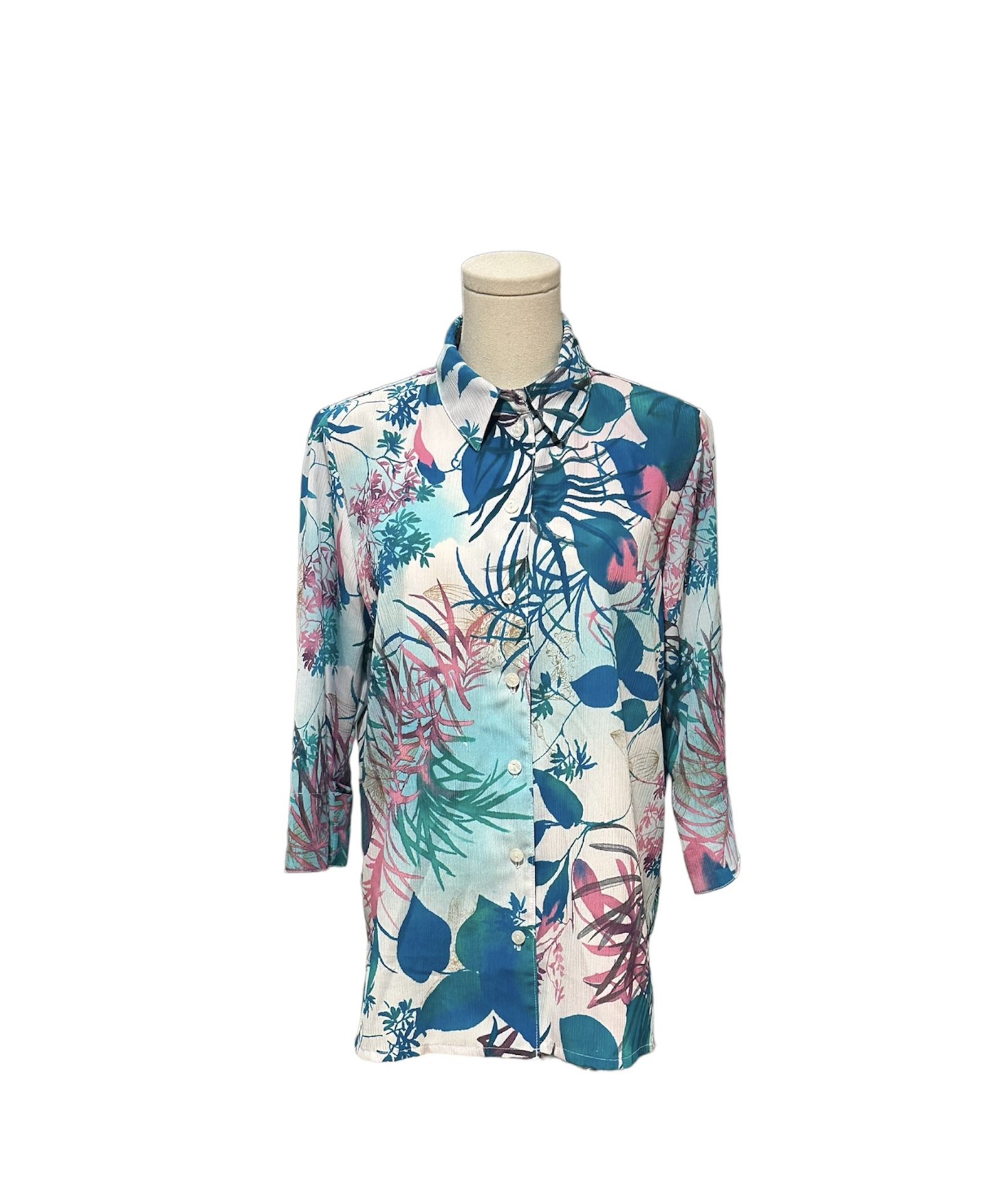 ALIA Women Sz 10 Medium Aqua Blue Floral 3/4 Sleeve Cotton Button-up Tunic Shirt