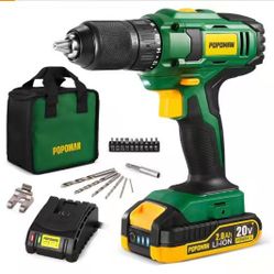 Cordless Drill, 20V MAX 1/2 inch Compact Drill Driver Kit, 2.0Ah Lithium-Ion Battery with Fast Charger, Metal Chuck, 398 In-lbs Torque, 18+1 Position 