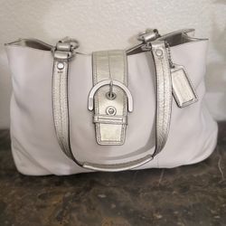 Coach off White and Silver Leather Tote Bag