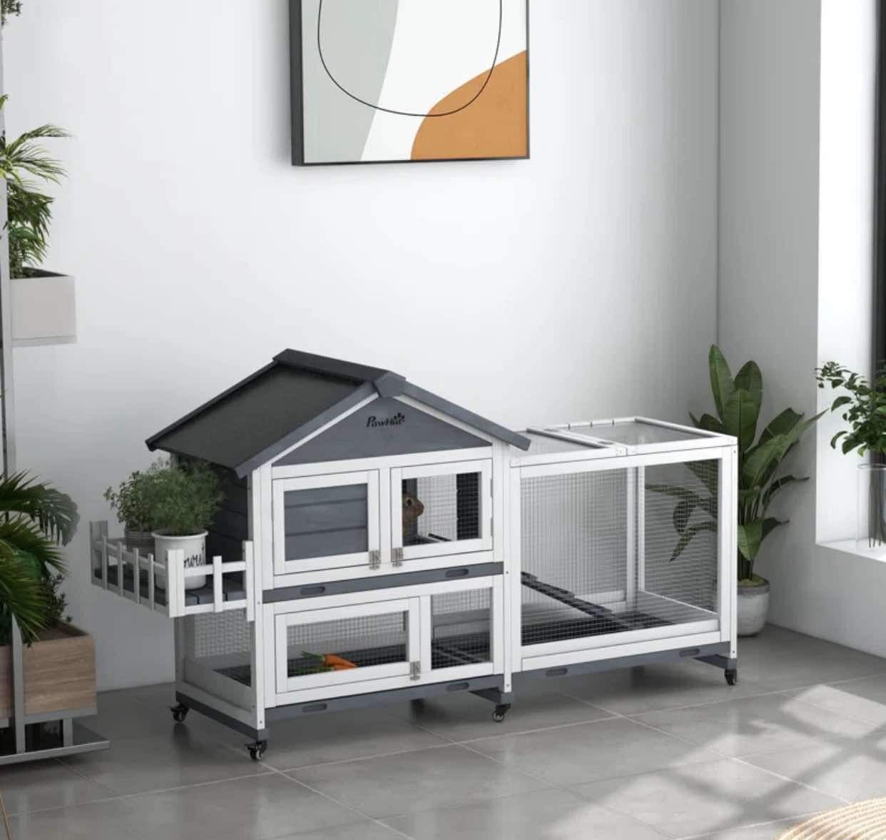 65" Wooden Rabbit Hutch, Guinea Pig Hutch, Pet Playpen With Openable Roof, Bunny House Enclosure With Wheels, Storage Box, Slide-Out Tray, Ramp For Sm