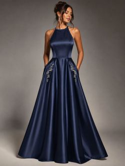 Small Elegant Midnight Blue Satin Gala Gown with Rhinestone Details and Pockets