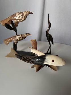 Vintage Folk Art Buffalo Horn Fish Birds Crane
