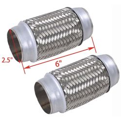 2Pcs 2.5" x 6" Exhaust Flex Pipe Heavy Duty Stainless Steel Double Braided 6"OL
