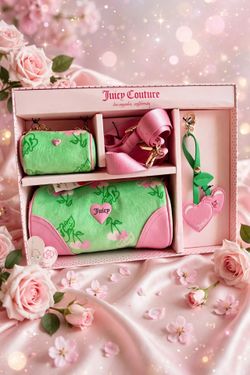 Juicy Couture Barrel Bag Set 4Pc Crossbody & Micro Pouch Cherry Dangle Green New