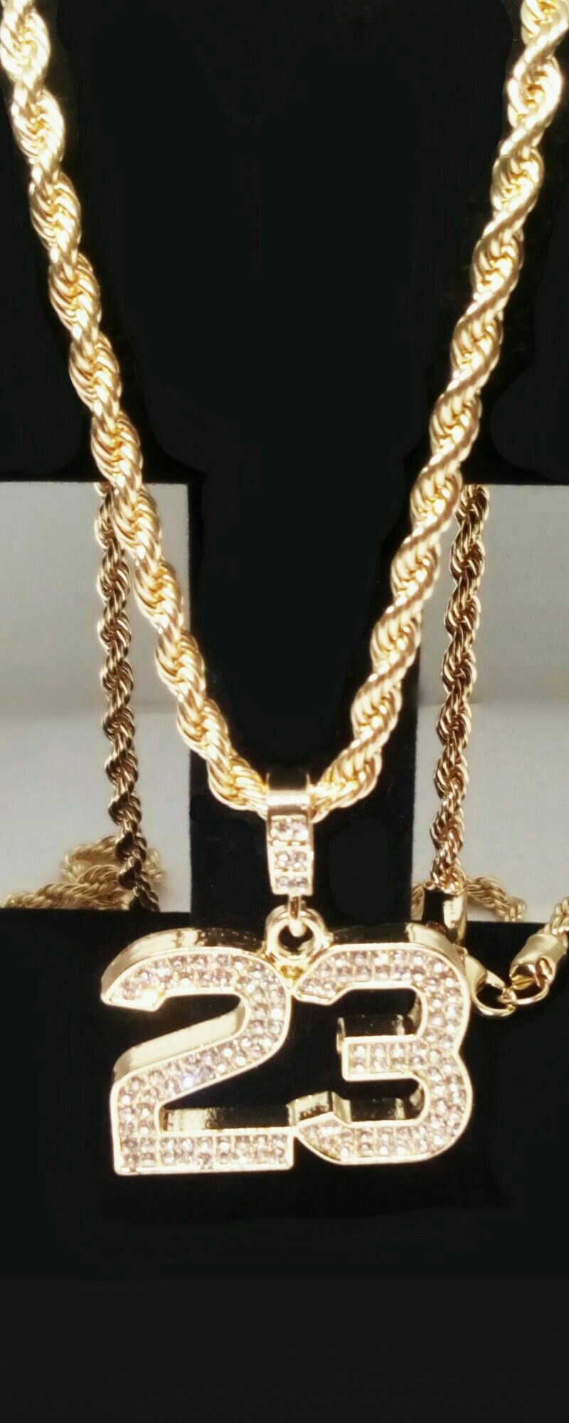 14K Gold Plated Iced Lucky 23 Pendant with 30" Rope Chain Necklace New in Gift Box