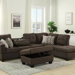 Brand New Brown Linen Fabric Sectional With Storage Ottoman, 4 Accent Pillows & USB Power Ports