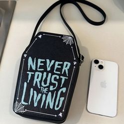 Never Trust The Living Coffin Bag Crossbody Spiderweb Halloween Goth Punk