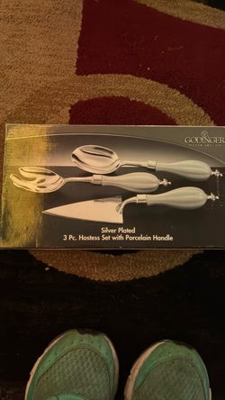 Silver plated, three-piece, hostess, set with porcelain handles
