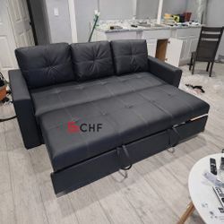 Black Faux Leather Sleeper Sofa With Pull Out Bed