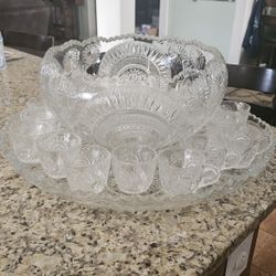 Antique Vintage Punchbowl W/ Tray & 18 Cups