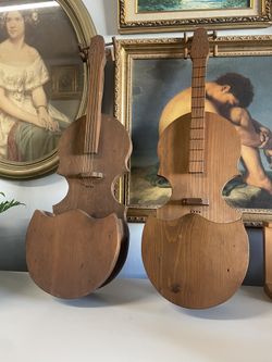 Vintage 1980s MCM Wooden Violin Wall Decor Pocket Caddy Trinket Stash Holder