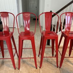4 Red Metal Bar Stools w/ Backs – Bar Height 