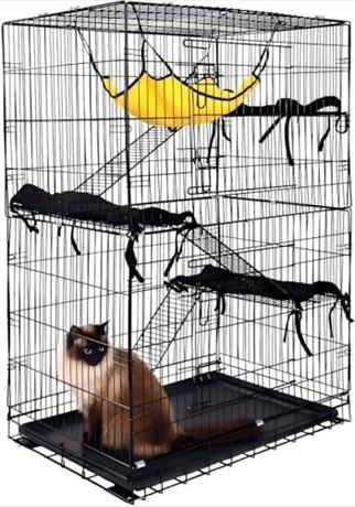 3-Tier Indoor Cat Cage, Large DIY Cat Crate & Cat Kennel with 3 Cat Beds and 2 Front Doors, Metal Fence with Ladder and Hammock, Suitable for Rabbits,