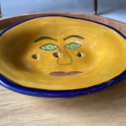 Handpainted Mexican Ceramic Soap Dish - Yellow Face with Green Eyes