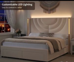Full size Upholstered Bed Frame with LED Lighting and Storage Drawers
