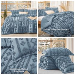 Tufted Boho Comforter Set California King Size - Dusty BlueBoho Bed Set, GentleSoft™ 3 Pieces Farmhouse Shabby Chic Embroidery Bedding, Gifts for Woma