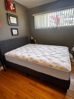 Queen Dark Grey Upholstered Platform Bed and Mattress