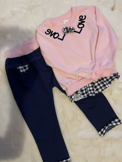 Girls 2T Outfit, Pink Sweater With Navy Blue Pants