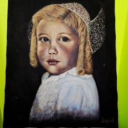 vintage original oil painting on canvas depicting a portrait of a child, signed by an artist named David. 16"×20"