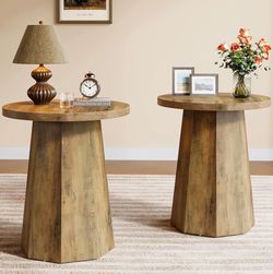 Juego de 2 Mesas Redondas Estilo Rústico, Mesa Auxiliar de Madera con Base Octagonal para Sala