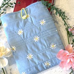 Book Kindle Sleeve Bag Cover 10.5 X 8in Vintage Floral Embroidered Daisies Daisy  Retro Fabric Padded Quilted NEW Handmade Lined Bags. Cottage shabby 