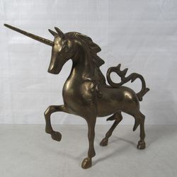 VTG Large Solid Brass War Unicorn Statue Sculpture Unpolished 10 "
