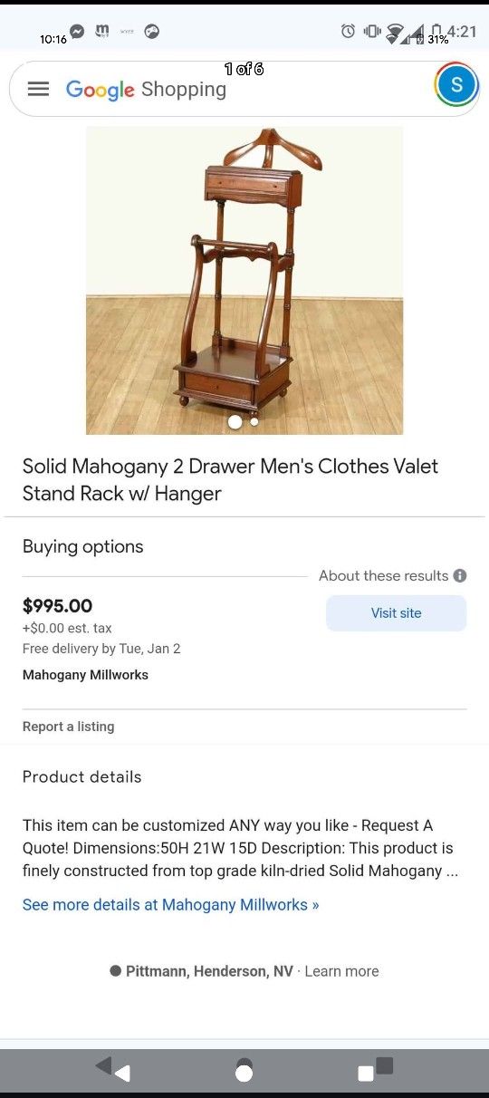Antique/vintage Solid Mahogany 2 Drawer Men's Clothes Valet Stand Rack