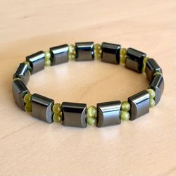 Beaded Hematite & Green Stone Stretch Bracelet