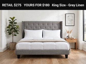 King Size Grey Linen Upholstered Bed Frame