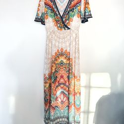 Orange Blue Floral VNeck Flutter Sleeve Maxi Dress Size Medium 