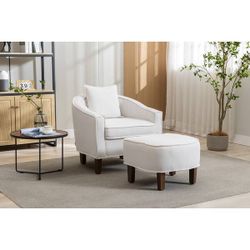 Beige Modern Linen Accent Chair with Ottoman Set [NEW]