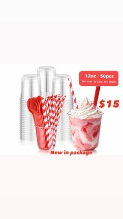 50 Pack 12 oz Root Beer Float Cups with Red Spoons & Paper Straws Clear Plastic Parfait Cup, Disposable Round Bottom Party Cups for Cold Drinks Milksh