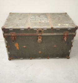 Vintage WWII Era Military Metal Footlocker Trunk Olive Drab 32x20x19