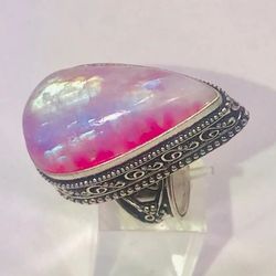 Natural Fiery Pink Rainbow Moonstone Huge Teardrop Ring Size 7 NEW!