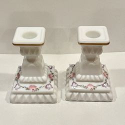 Set Of 2 Vintage Westmoreland Shabby Chic Hand Painted Milk glass Candlesticks