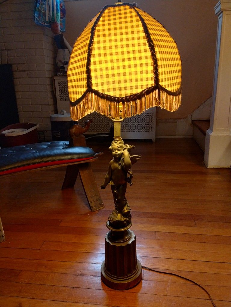 Old Antique Cherub Lamp With Shade