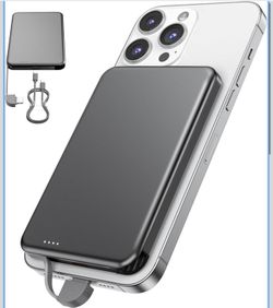 MagSafe Portable Charger, 0.3" Ultra Slim 5000mAh Magnetic Power Bank, 25W PD Fast Charging Battery Pack with Built-in Cable, Travel Battery Bank for 