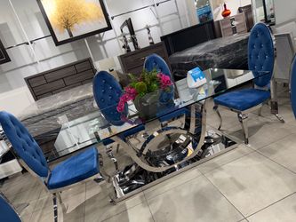 Luxury Dining Set With Blue Velvet Chairs  💙💙💙