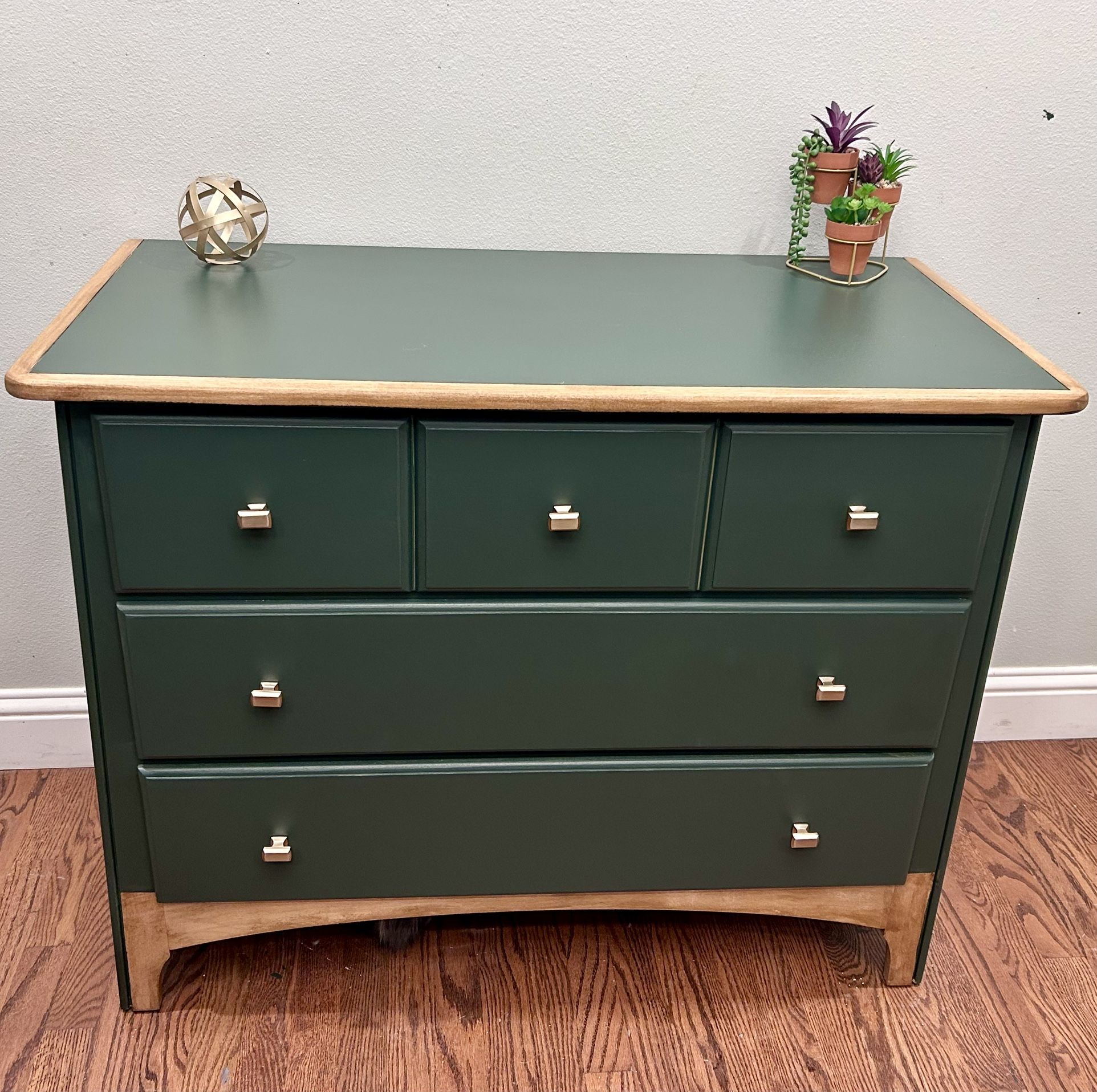 Dark Green With Gold Knobs, Three Drawer Dresser, Newly Refinished