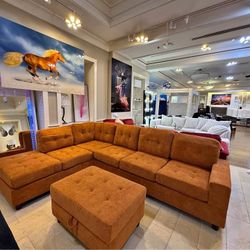 New In Boxes Orange Sectional With Storage Ottoman 