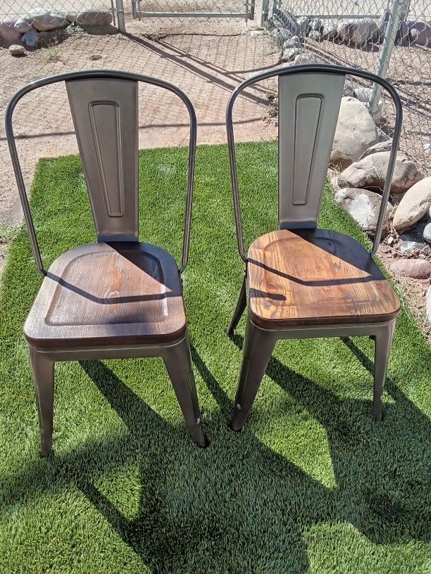 Set Of Two Cost Way Metal Chairs With Wood Seat