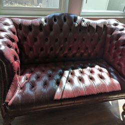Vintage Red Leather Tufted Loveseat 
