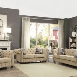 Brand New Beige Button Tufted Sofa and Love Seat