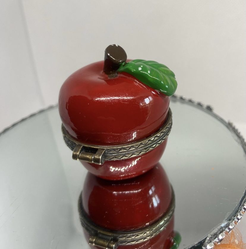 Vintage Ceramic Mini Trinket Box Paperweight Red Apple 2-1/2" Brass